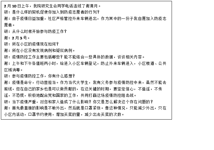 文本框: 2月10日上午,幸运飞艇开奖
研究生会同学电话连线了谢清月。研:是什么样的契机促使你加入到防疫志愿者的行列?谢:由于疫情日益加重,社区严格管控外来车辆进出,作为其中的一份子我自愿加入防疫志愿者。研:从什么时候开始参与防疫工作?谢:2月3号。研:所在小区的疫情现在如何?谢:所在小区没有发现病例和疑似病例。研:疫情防控工作主要包括哪些?能不能结合一些具体的数据,谈谈相关内容。谢:上午和下午各值班两小时,给进入小区车辆登记,防止外来车辆进入,小区楼道、公共区域消毒。研:参与疫情防控工作,你有什么感想?谢:疫情是命令,行动显担当。作为当代大学生,我有义务参与疫情防控中来,虽然不能去前线,但在自己的家乡也是可以做贡献的,在这关键的时期,要坚定信心,不造谣,不传谣,不恐慌,积极地配合党和国家的工作,共同打赢这场疫情防控阻击战。研:当下疫情严重,对您和家人造成了什么影响?你又是怎么解决这个存在问题的?谢:首先最直接的影响是不敢外出,然后就是口罩紧张。像这种情况,只能减少外出,只在小区内活动,口罩节约使用,增加买菜的量,减少出去买菜的次数。